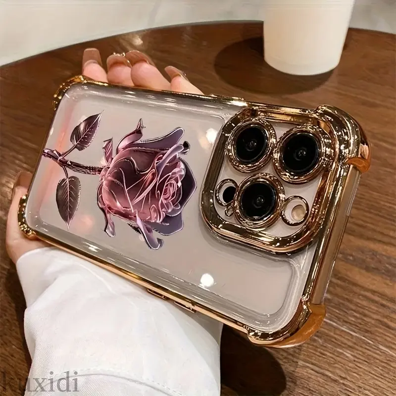Metallic Purple Rose Graphic iPhone Case, Durable Electroplated TPU Cover with Air Shockproof Corners, Elegant Luxury Aesthetic Phone Accessory for iPhone 17,16,15,14,13,12,11 Pro Max Plus (Offers Strong Protection)