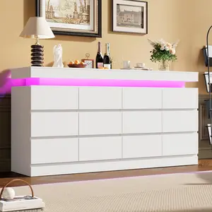 12-Drawer Dresser with LED Lights & Charging Station – 63” Wide Bedroom Chest, Large TV Stand and Multi-Function Organizer for Living Room, Entryway, Hallway