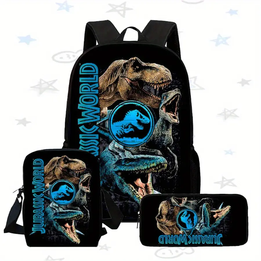 Jurassic World Unisex Kids 3-Piece Backpack Set - T-Rex & Velociraptor Print, Oxford Cloth Adjustable Strap School/Dayuse Daypack, Thermal Lunchbag & Pencil Case for Dinosaur Fans
