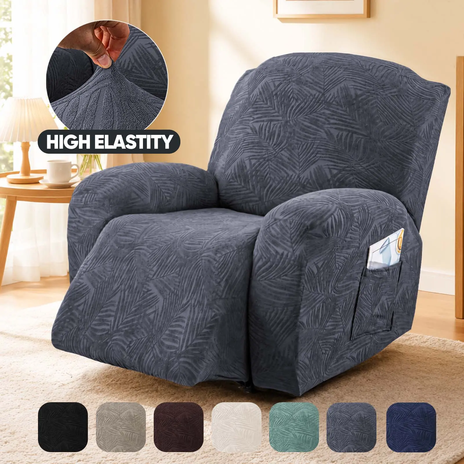 1/2/3 Seat Recliner Sofa Stretch Sofa Slipcover with Side Pocket  Sofa Cover Furniture Protector Washable Couch Soft Slipcovers with Elastic Bottom Anti-Slip for Kid, Pets