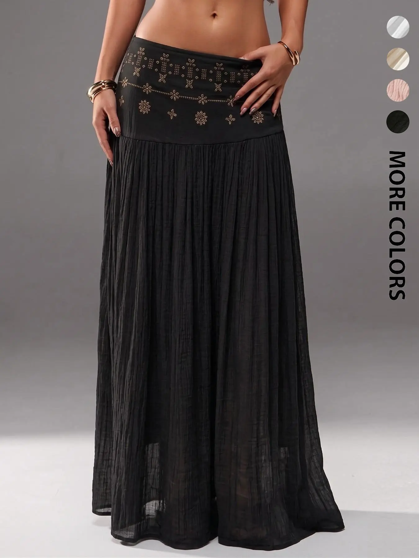 Women Y2K Retro Flowy Maxi Skirt Black Crinkled Gauze Gold Floral Embroidery Fold Over Wide Waist Bohemian Boho Resort Single Skirt