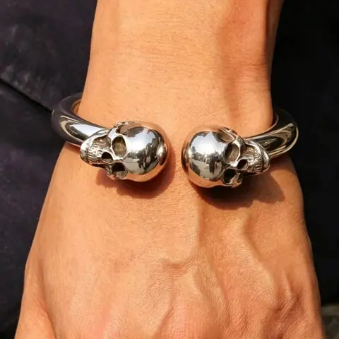 Skull Cuff Bracelet for Men, Copper Metal Bangle with Adjustable Opening, Bold Gothic Punk Style, Men's Fashion Jewelry Accessory, Copper Bracelet Cuffs
