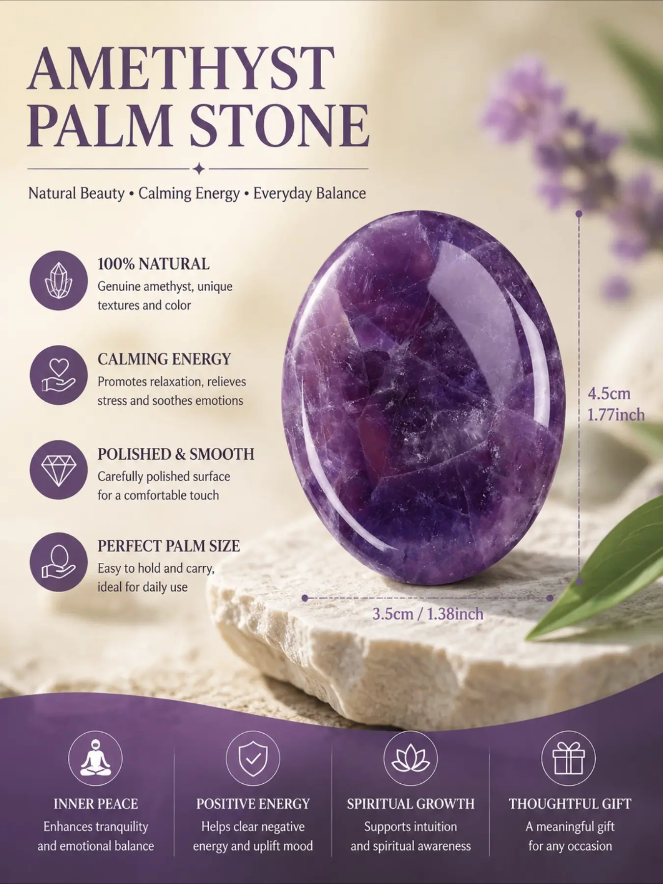 Amethyst Calming Stone 38mm, Pocket Worry Crystal, Third Eye Chakra Balance, Stress Relief Healing Gemstone, Crystal Pebble, Chakra Healing Stones, Healing Crystals
