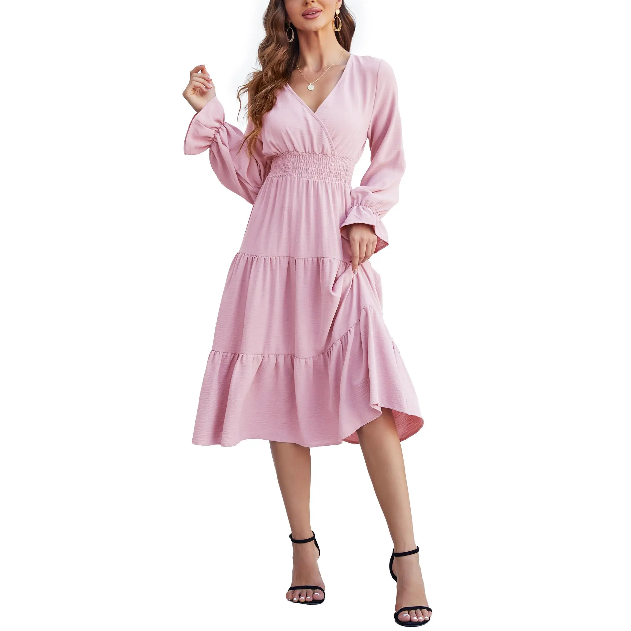 YF Clearance Sale Women Wrap V Neck Long Sleeve Midi Dress, Smocked Waist Tiered Ruffle A Line Dress, 100% Polyester Solid Casual Flowy Dress, Spring Summer Vacation Daily Outfit Gift for Her Pink Green Rust S-XXL