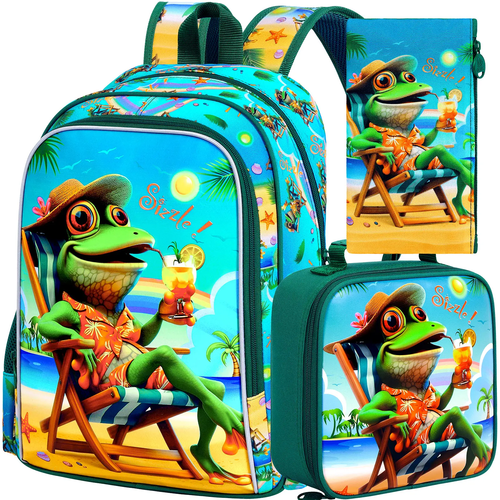 3Pcs Kids Backpack for Boys, 16" Frog Kindergarten Preschool Elementary Bookbag Set, School Backpacks with Lunch Box(Green)