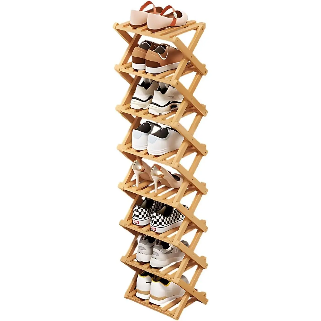 Bamboo Shoe Rack, Portable Folding Storage Rack, No Installation | Eight Layers Of Primary Colors, Free Standing Design, Ideal For Entryway, Closet, Dorm, Small Spaces