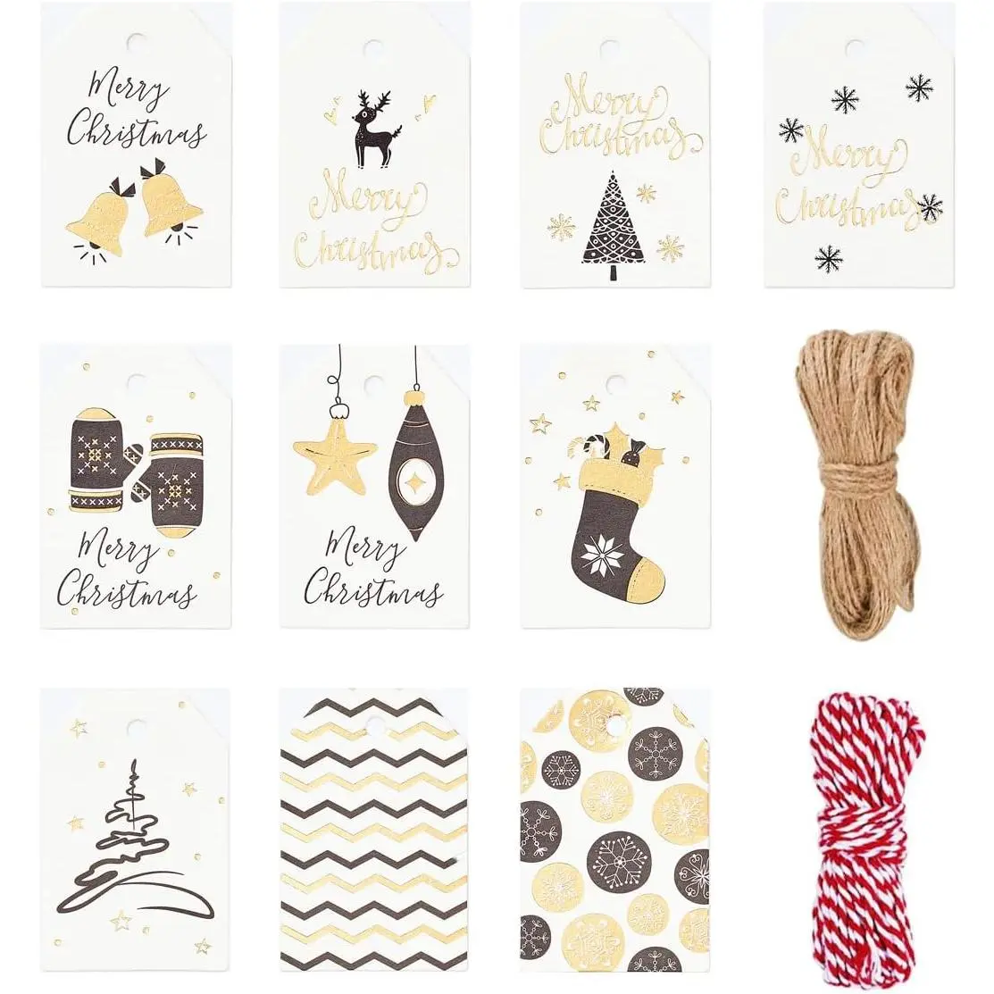 100 Pack Cute Christmas  Tags, Xmas  Tags with Jute Twine Baker Twine for DIY Xmas Holiday Present Wrap  and Label Package Name Card