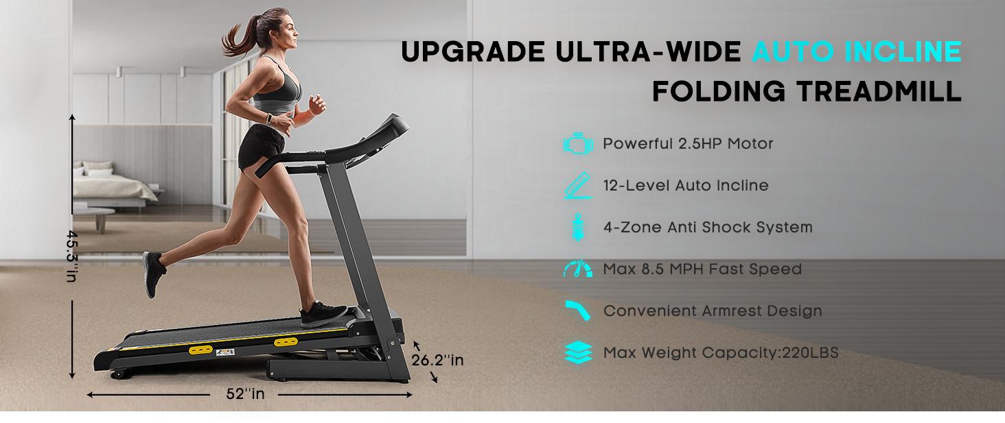 Treadmill with Auto Incline Foldable Treadmill 17'' Electric Treadmills 2.5 HP/8.5 MPH with 15 Training Programs 0-12% Auto Incline Large LCD Display Easy Assembly for Home Office Gym Use