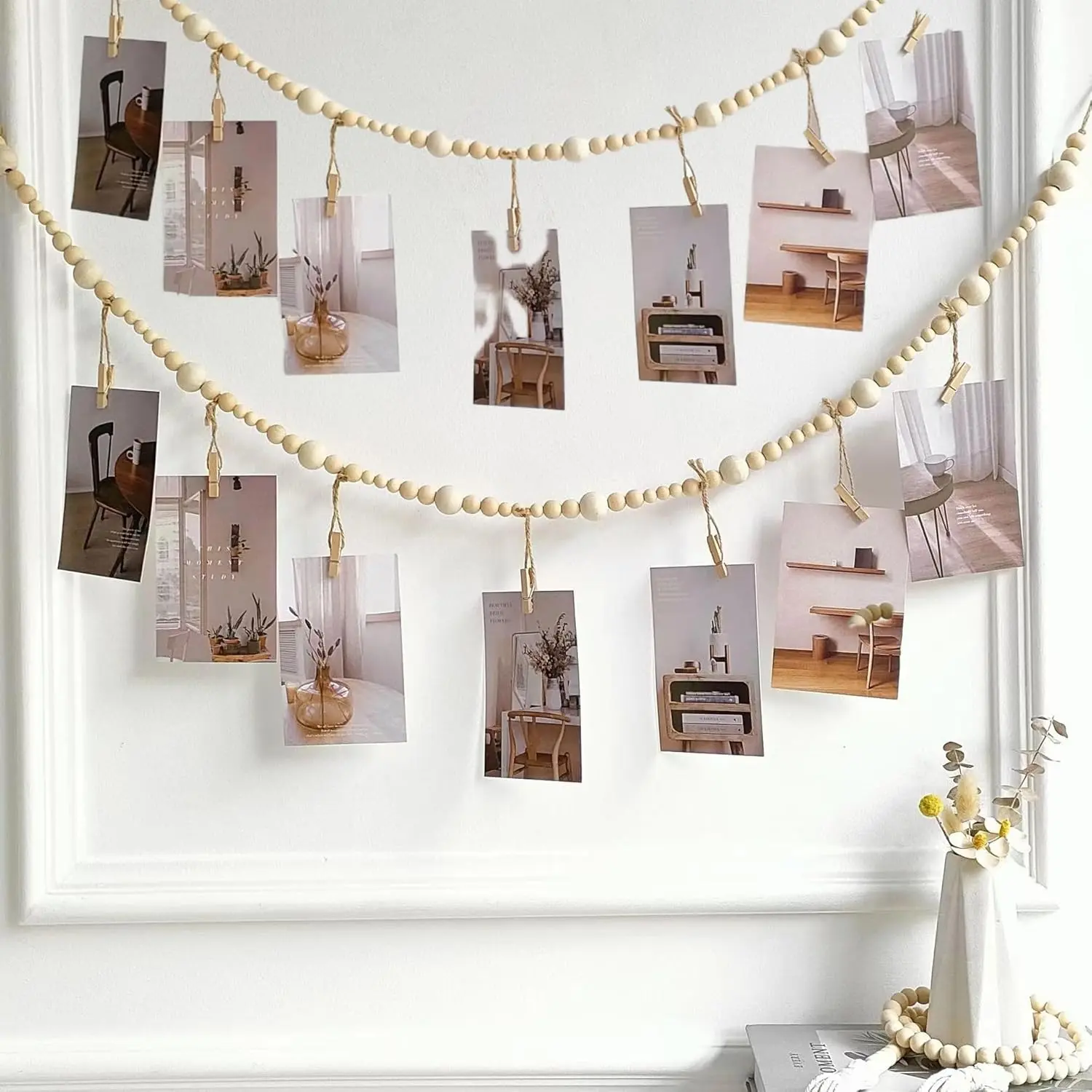 2 count  Photo Display Wall Decor,Boho Wooden Bead Garland Picture  String with Clips for Dorm, Bedroom, Living Room, Office Cubicle Decor, Art Display Hangers for Artwork