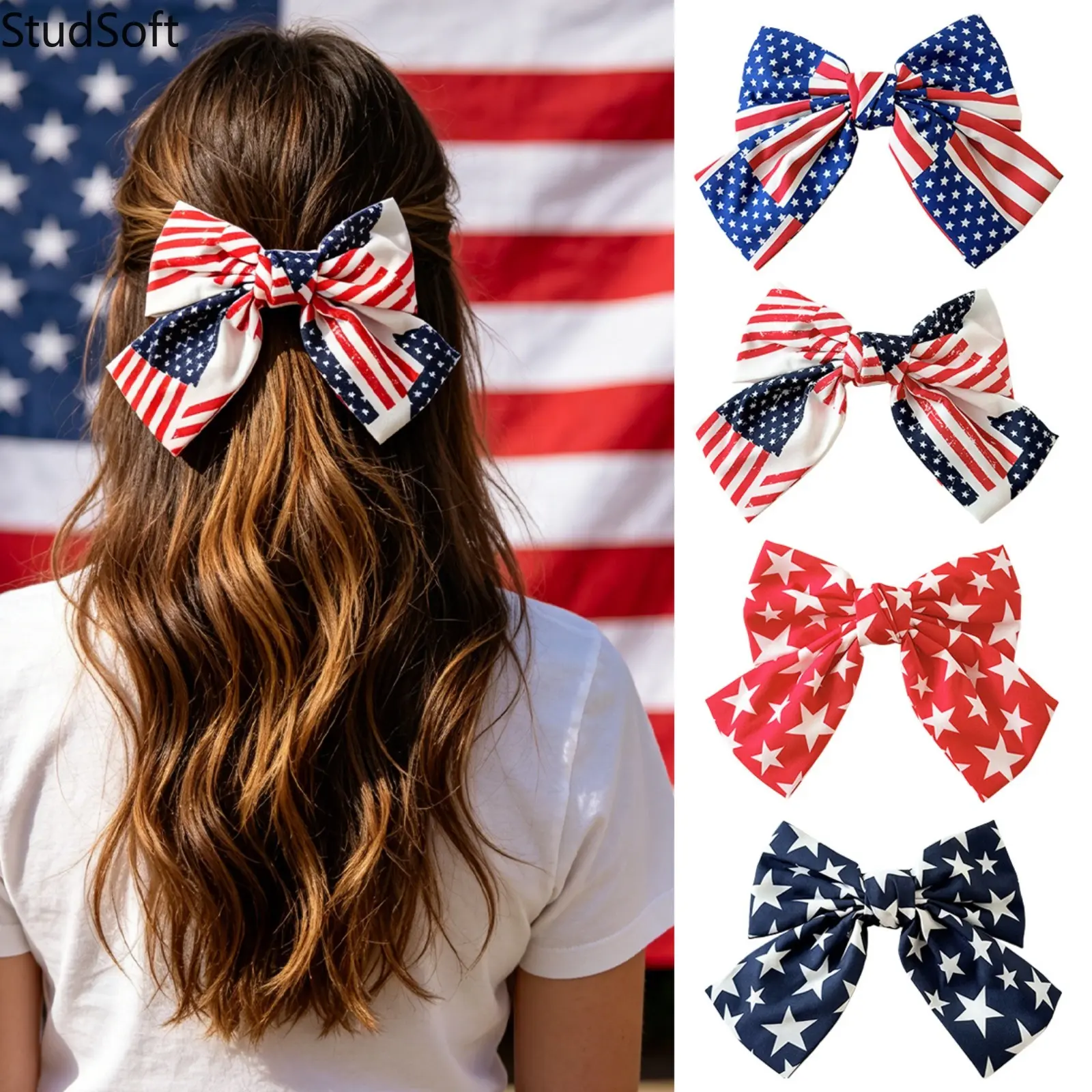 USA American Flag Hair Bows 4-Pack Patriotic Stars Stripes Large Ribbon Bowknot Hair Clips Headwear Accessories for Women Girls 4th of July Party