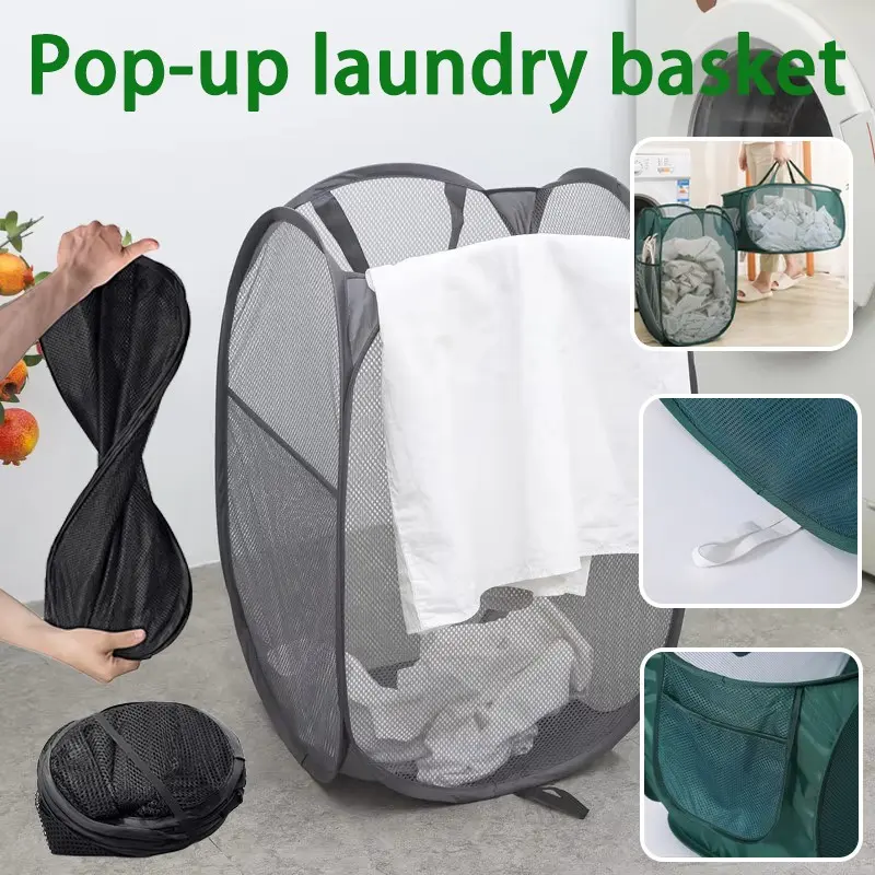 Pop-Up Collapsible Laundry Basket, Mesh Breathable Foldable Hamper with Handle, Portable Dirty Clothes Storage Organizer for Home and Travel