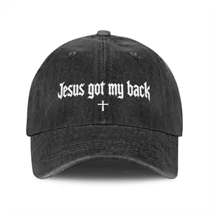 Stylish Washed Jesus Got My Back Cross Print Baseball Cap, Adjustable Faith Dad Hat for Men Women. Retro Streetwear Sun Hat for Weekends, Travel & Church Events, Heartfelt Spiritual Gift Accessory for Christian Family and Friends.