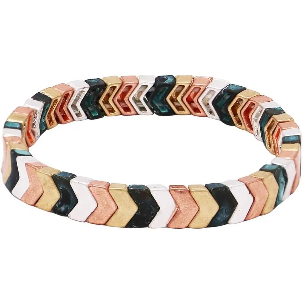 Women's Multi Tone Metal Link Chevron Tile Stretch Bangle Bracelet, 3.5" (Multi Tone Patina///Copper)