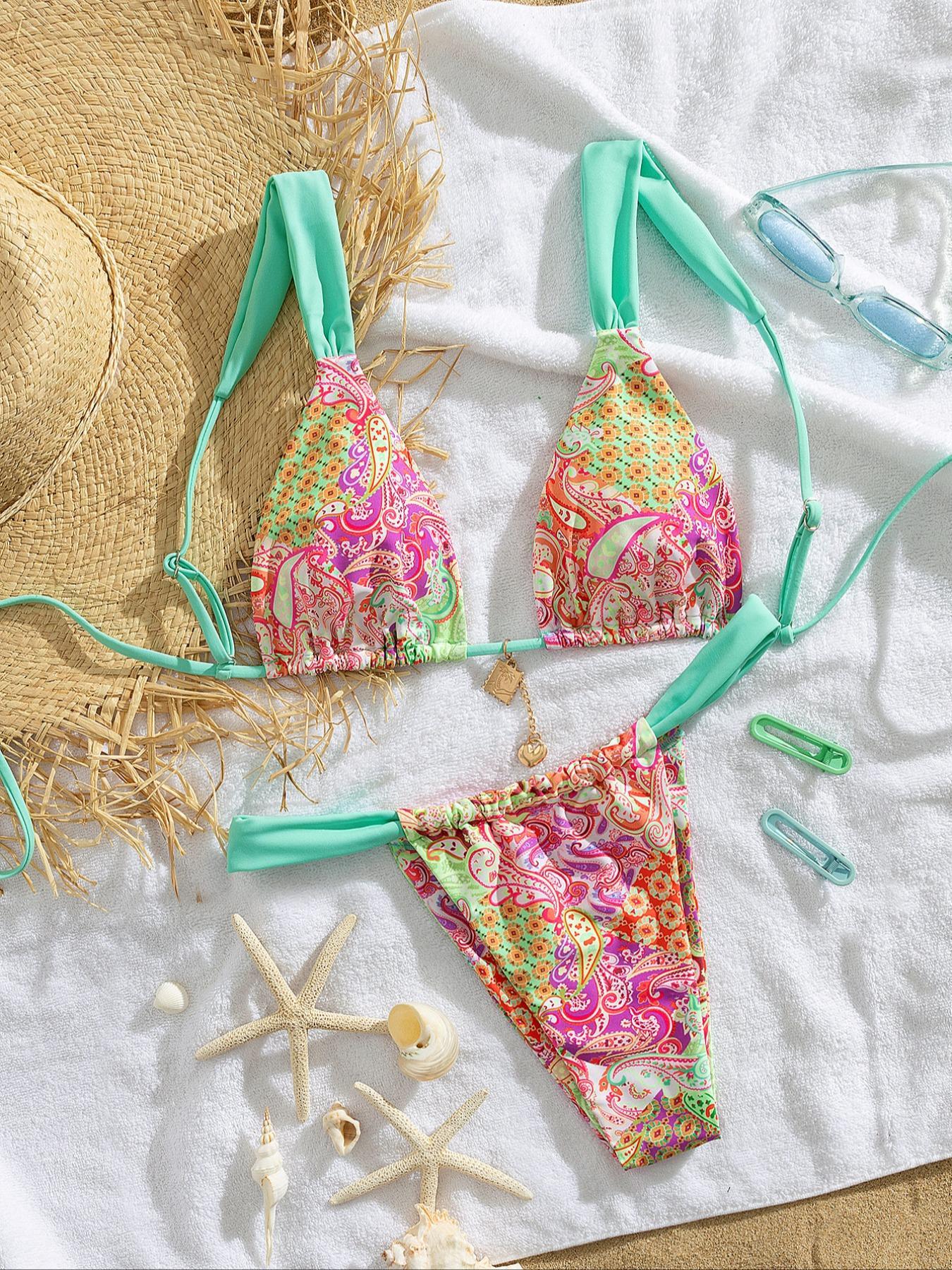 Women's Patchwork Print Bikini Set, Casual Adjustable Strap Tie Back Swim Top & Swim Bottom, Women's Swimsuit for Summer Beach Holiday Vacation, Patchwork Bikini Sets