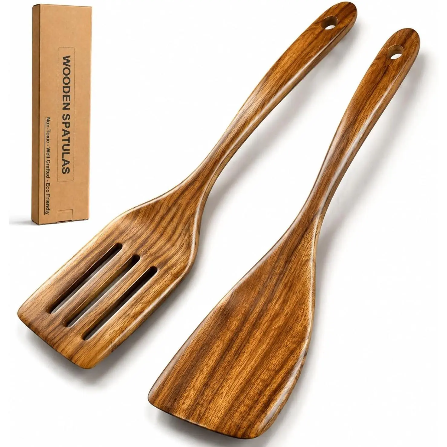2 Pack Wooden Spatula, Acacia  Long Handle Flat Frying Turner,  wooden spoons for cooking, Kitchen Utensil set, Non-Stick Cooking Spurtle Utensils for kitchen use