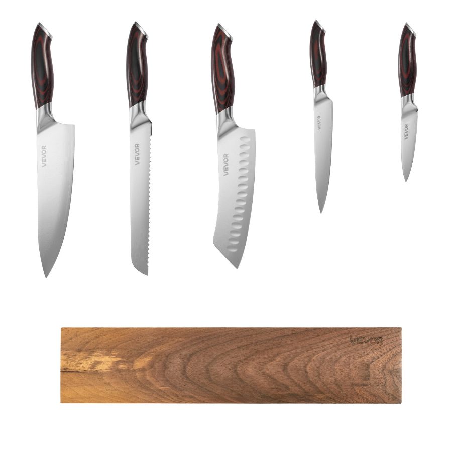 SummerWinsVEVOR Kitchen Knife Set, 6 Piece High Carbon Stainless Steel Sharp Knife Set, Professional Kitchen Cutlery with Ergonomic Crack-Resistant Handle, and Walnut Finish Powerful Magnetic Knives Holder, Magnetic Holderdealsforyoudays