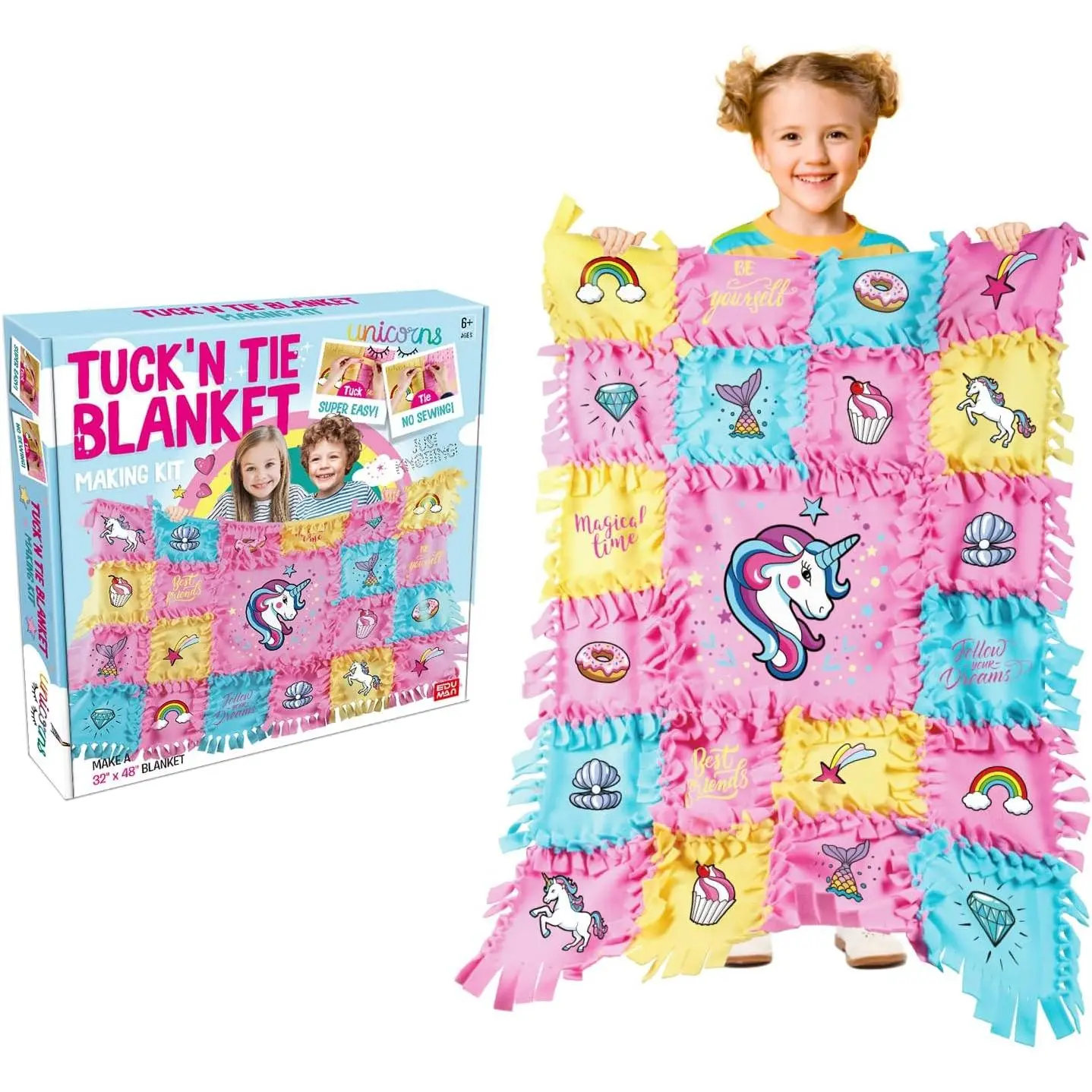 Unicorn Tuck N' Tying Fleece Blanket Kits, Blanket Kit for Kids, Knot a Kit, DIY No-Sew Crafts Toys for Girls 6+ - Arts & Crafts Birthday Gift for Cozy, Fun