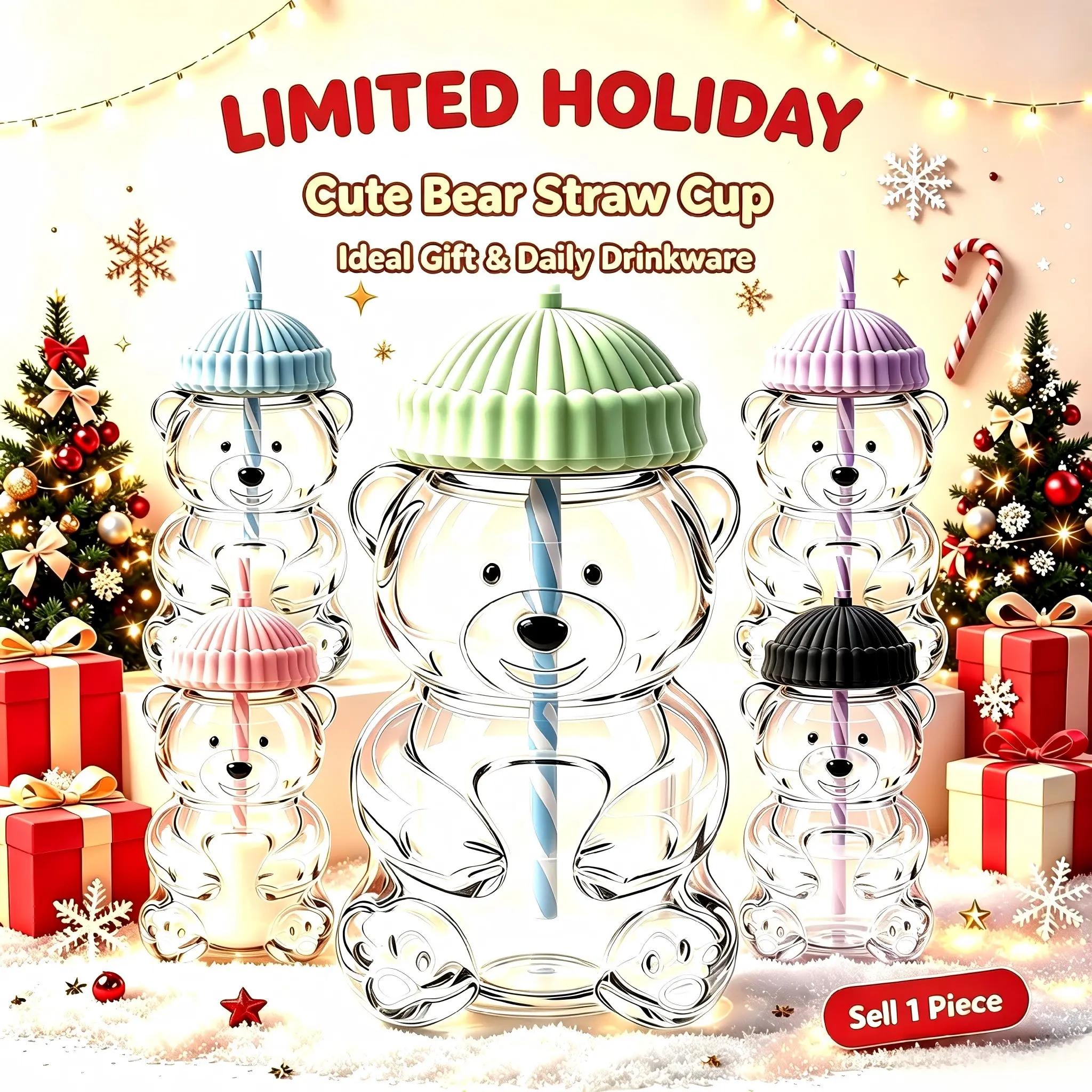 Adorable Bear Straw Water Cup 600ML, Transparent Glass Bear Drinking Cup, Multi-Color Options, Portable Drinkware, Gift for Girls and Kids