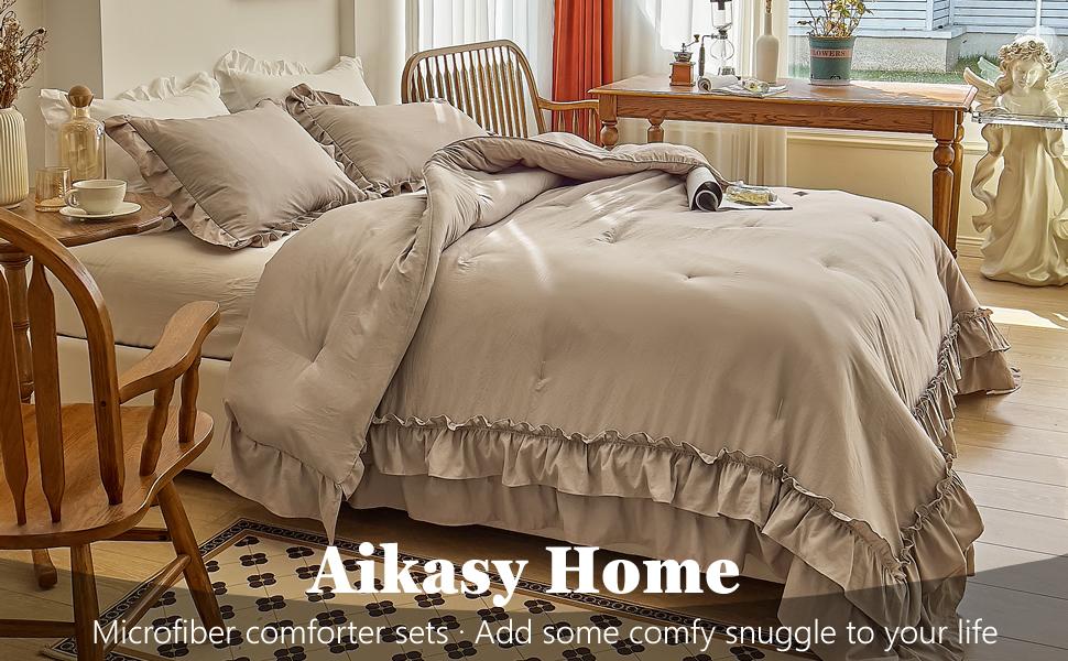 Taupe Comforters Queen Size Set, Vintage Boho Chic Farmhouse Bedding Sets Shabby Ruffle Queen Bed Comforter Bedding 3PCS(1 Comforter and 2 Pillowcases)