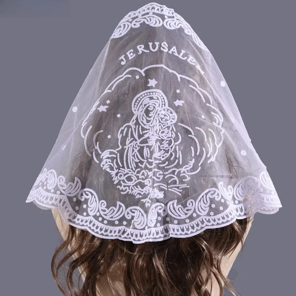 Women’s Jerusalem Embroidered Virgin Mary Lace Mantilla Veil, Multi-Use Christian Infinity Scarf, Soft Religious Head Accessory for Church Mass, Pilgrimage & Spiritual Outdoor Worship