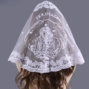 Women’s Jerusalem Embroidered Virgin Mary Lace Mantilla Veil, Multi-Use Christian Infinity Scarf, Soft Religious Head Accessory for Church Mass, Pilgrimage & Spiritual Outdoor Worship