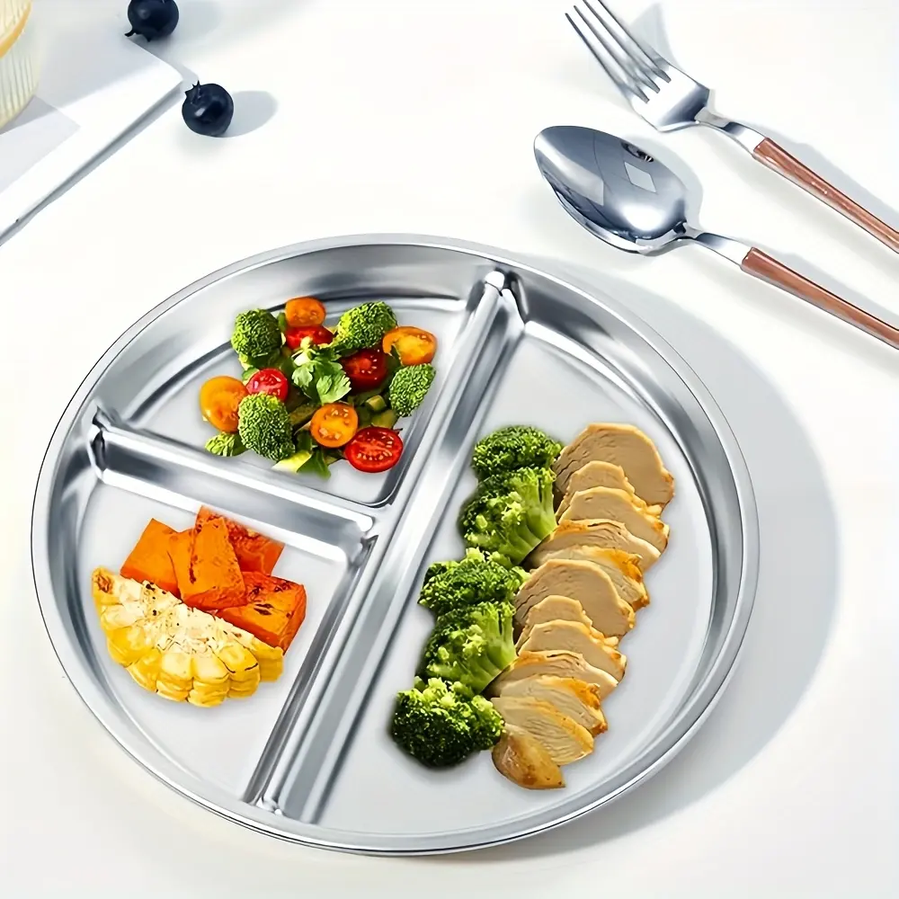 Stainless Steel Divided Plate, Three Compartment Portion Control, No Assembly Needed, Ideal for Weight Loss, Adult Healthy Diet, Serving Plates
