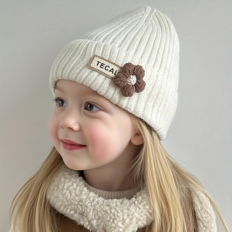1pc Girls' Winter Hat with Floral Ear Flaps - Thick Knit Beanie, Soft Stretchy Cold Weather Cap for Toddlers & Kids Ages 3-8, Beige/ Pastel Pink/ Navy - Perfect Christmas, Birthday, Thanksgiving Gift for Girls, Seasonal Kids Wear, Playful Design, Comforta