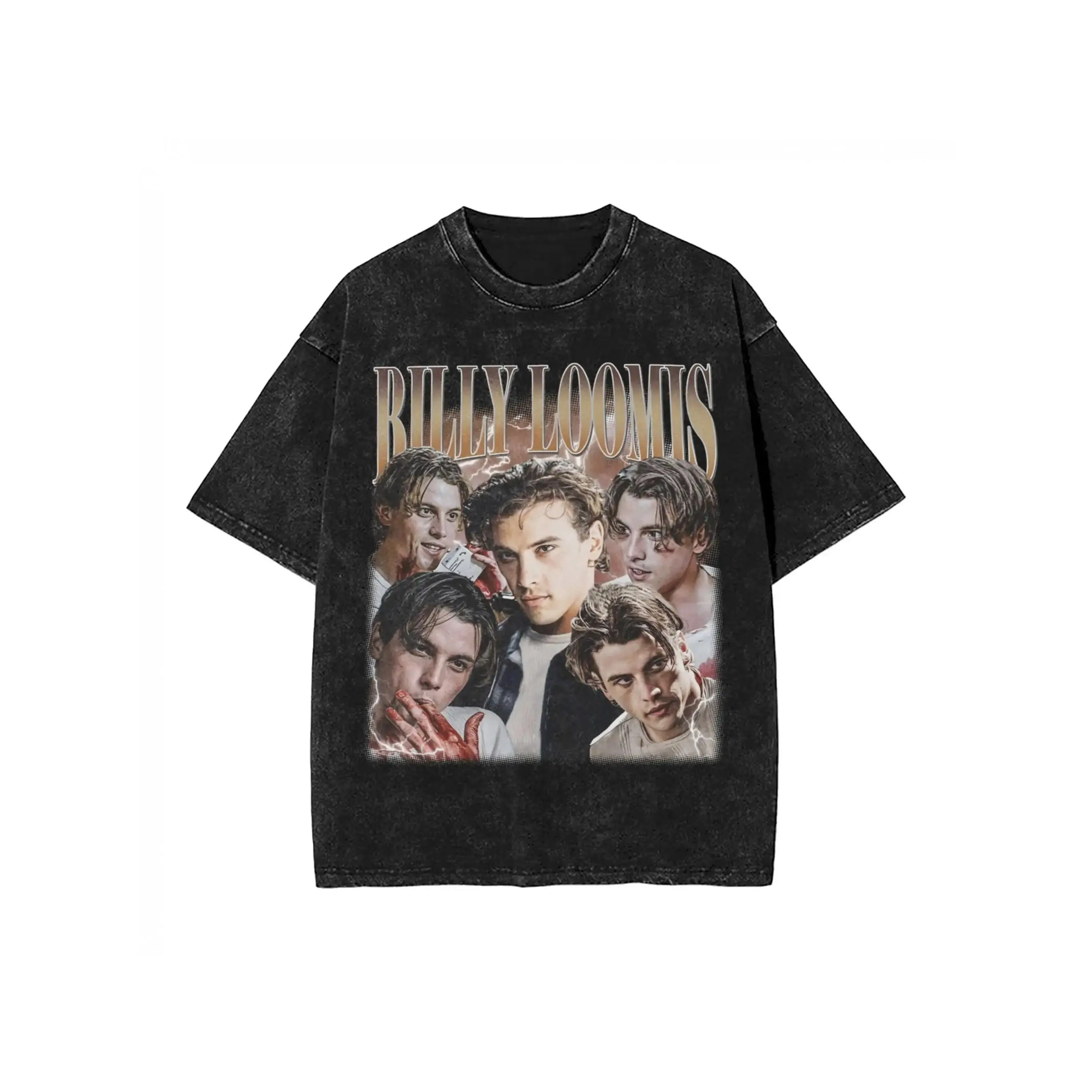 Acid Wash Distressed Short Sleeve T-Shirt For Men Women, Scream Billy Loomis Multi Portrait Lightning Blood Vintage Horror Movie Graphic Oversized Crew Neck Casual Grunge Streetwear Soft Knit Cotton Daily Street Fashion Top