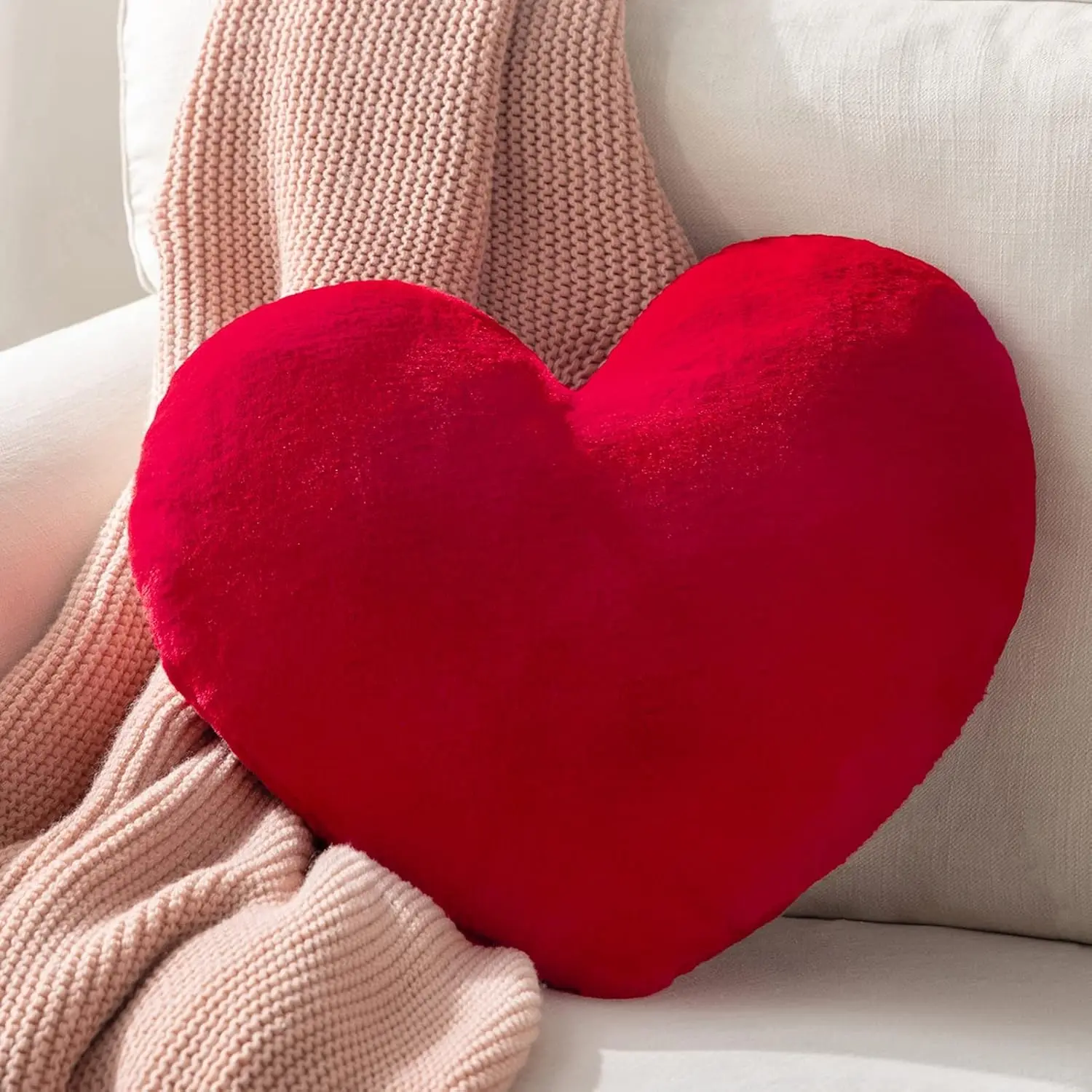Ashler Red Heart Pillow, 3D Faux Rabbit Fur Heart Shaped Throw Pillow, Soft Plush Decorative Cushion for Couch Sofa Bedroom Living Room, 15 x 17 Inch