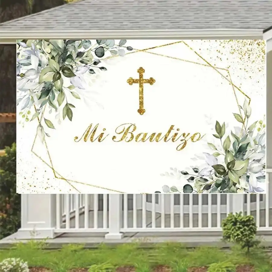 Baptism Photography Background God Bless the First Communion Green Green Green Gold Cross Boy Girl Baptism background banner