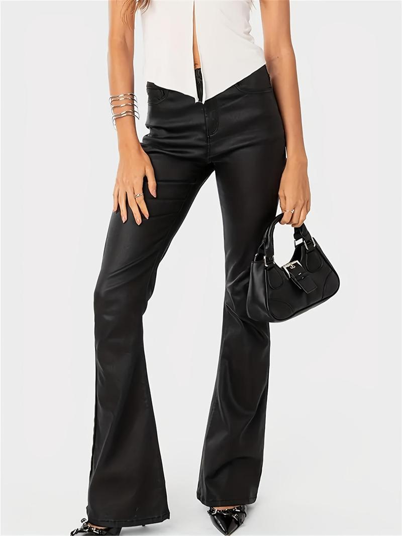 NVFelix Women's High-Waisted Faux Leather Flare Pants with Pockets, Stretchy PU Bell Bottoms for Night Out