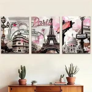 2D Flat 3-Piece Set - Paris Cityscape Triptych Art Wall Art Sign - Perfect for Autumn Home Decor, Suitable for Home, Bar, Garage, Bathroom, Office or Room, Ideal Gift for Halloween, Christmas - Halloween Decoration Clearance