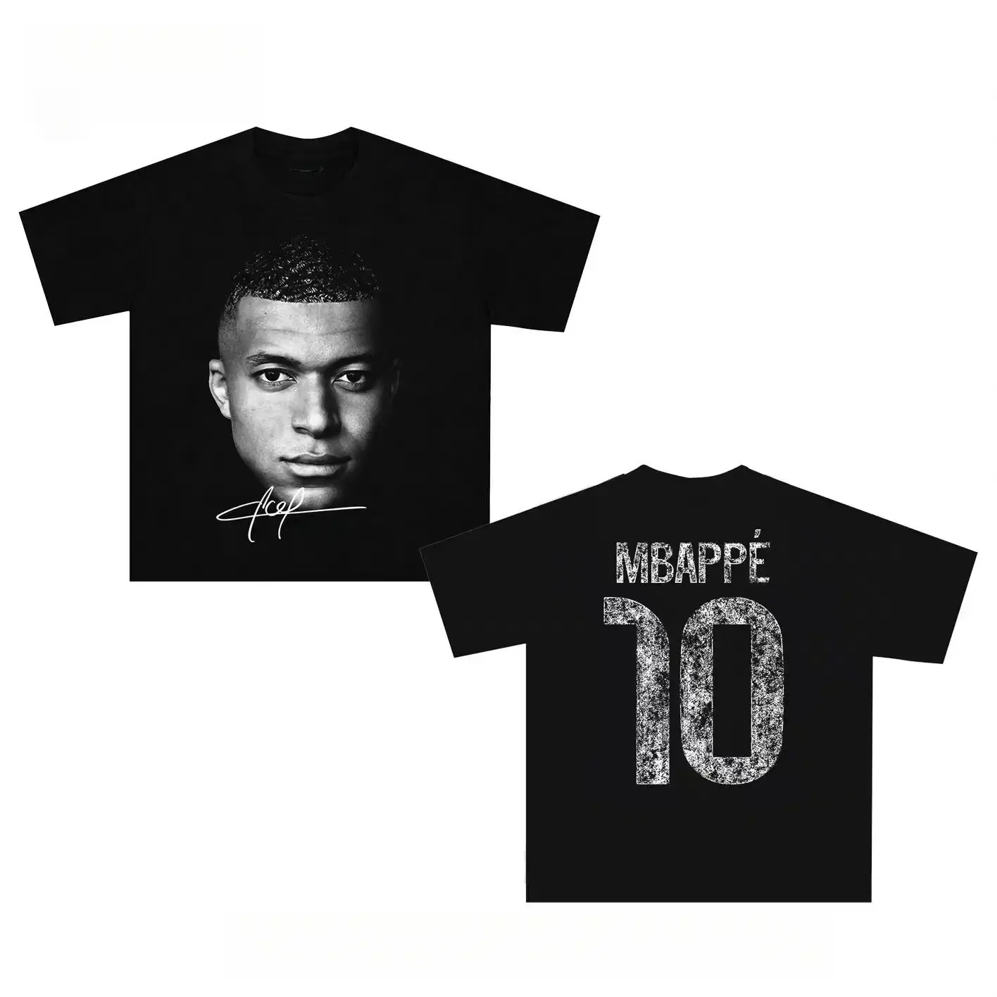 Unisex Oversized Double-Sided Graphic Tee - Mbappé #10 Signature Portrait, Vintage Streetwear, Casual Heavyweight Cotton Soccer Sports Top