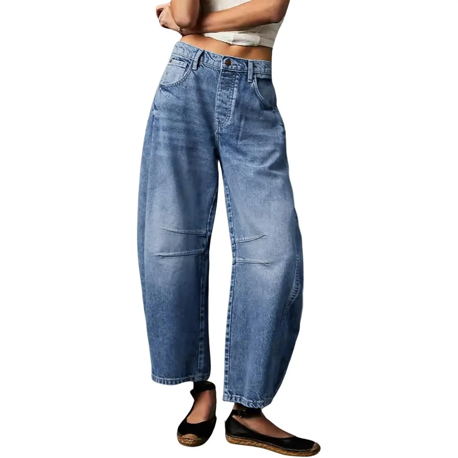 Womens Stretchy Mid Rise Barrel Jeans Vintage Loose Wide Leg Cropped Denim Pants k Baggy Boyfriend Jeans