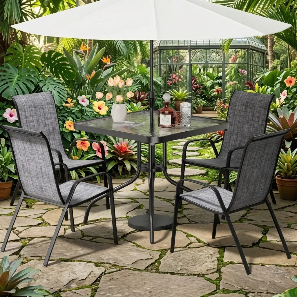 5-Piece Outdoor Patio Furniture Set - 31.3" Square Dining Table (110 lbs, Umbrella Hole) & 4 Stackable Textilene Chairs (4 Seats), All-Weather Metal Frame Ergonomic Sun-Protective Waterproof Furniture for Lawn, Garden Party, Deck Refresh, Poolside