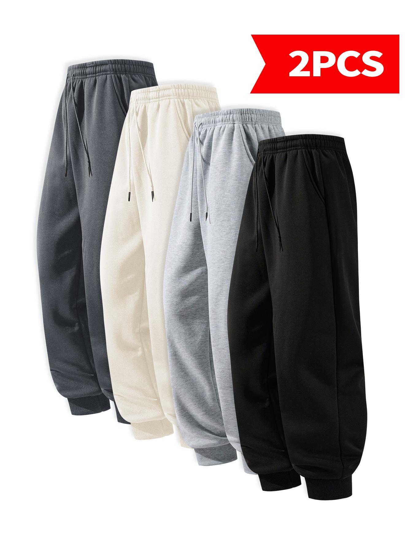 [2 Pack Solid Color Joggers] Men's Ankle-Length Sports Pants for All Seasons - Comfortable & Versatile Workout Running Sweatpants in Black Grey Beige & Dark Grey Two-Piece Set of Solid Color Sports Pants Made from Durable Polyester Fibers