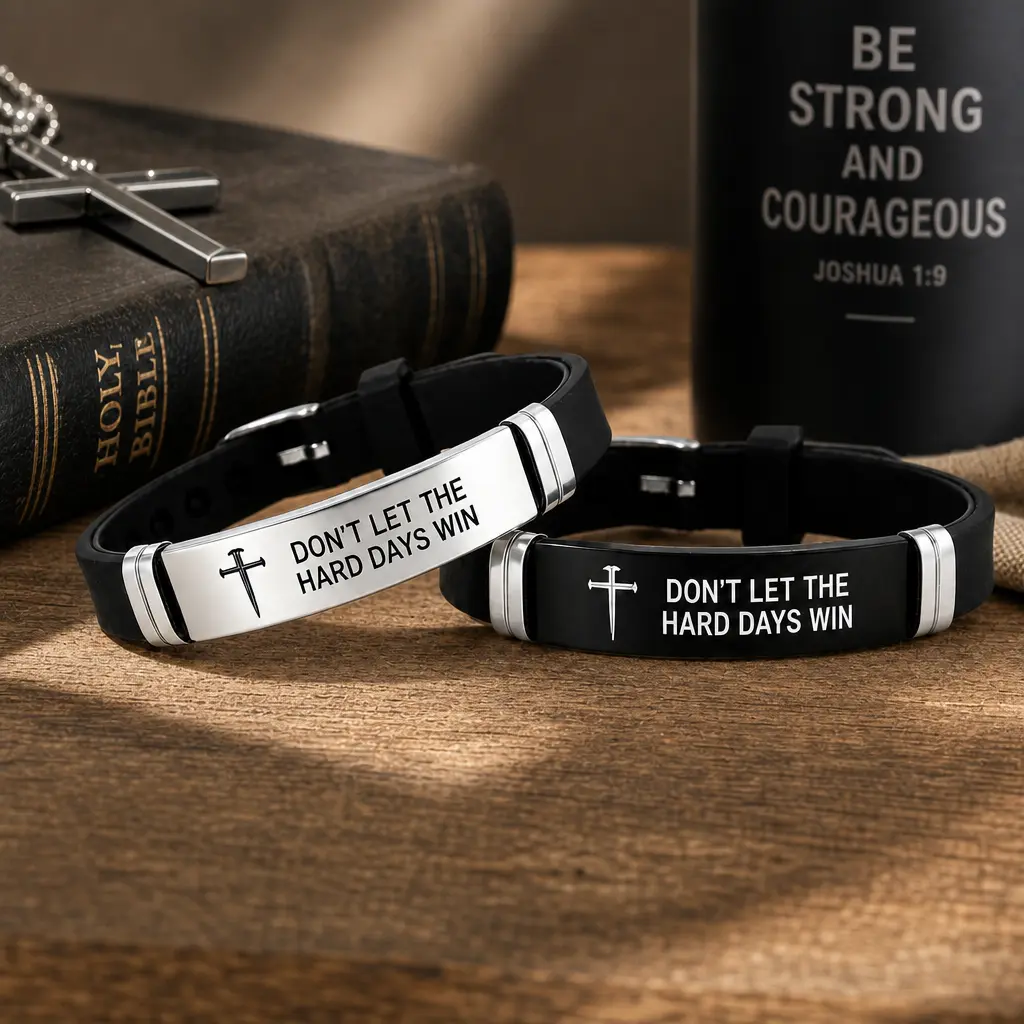 HOLDNEAR Christian Faith Inspirational Bracelet Don't Let The Hard Days Win, Adjustable Cross Silicone Wristband, Meaningful Religious Jewelry Gift for Men & Women