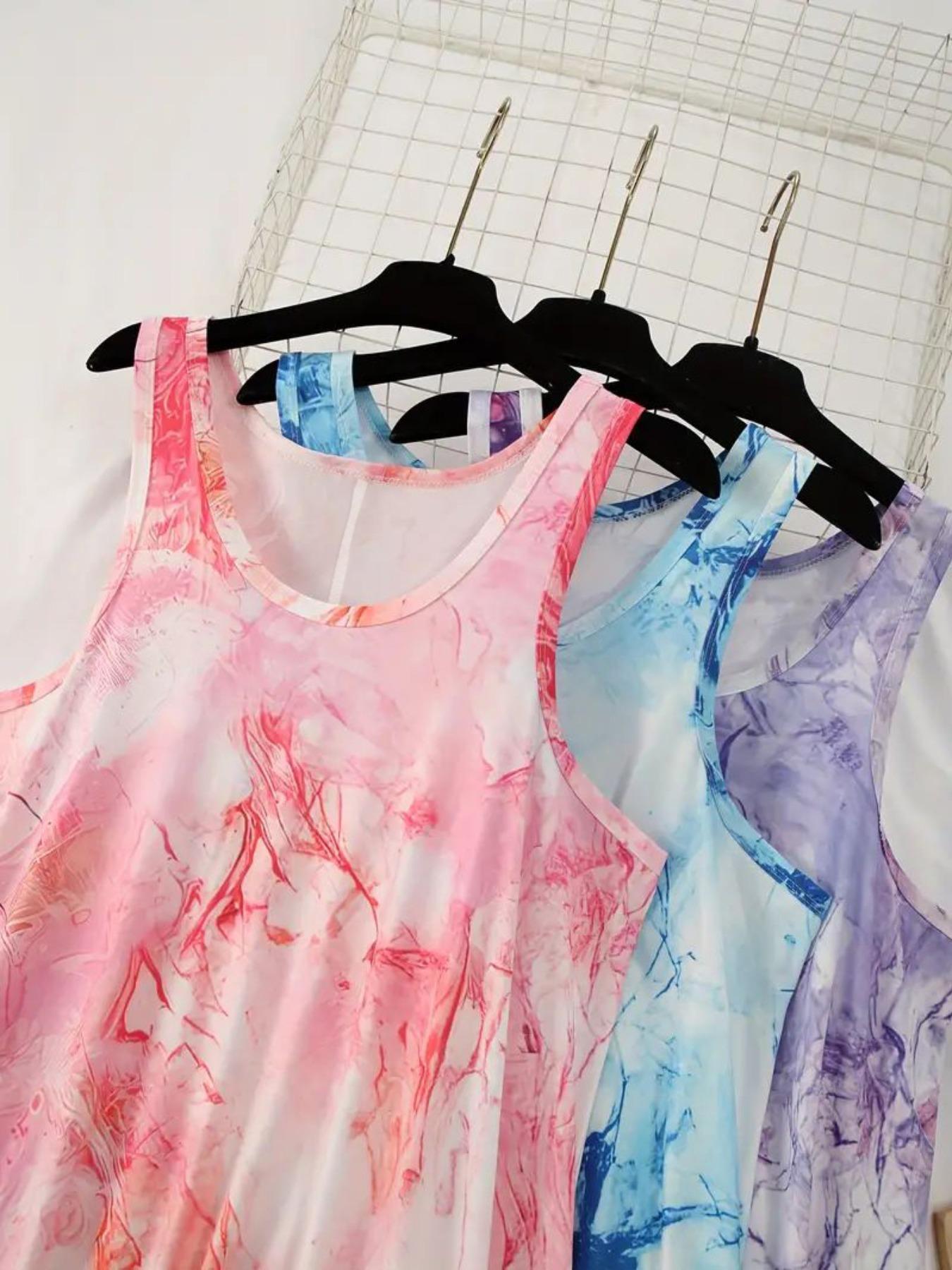 Plus Size Tie Dye Print Tank Nightdress, Casual Soft Comfortable Round Neck Sleeveless Nightgown For Women, Women's Sleepwear For All Seasons