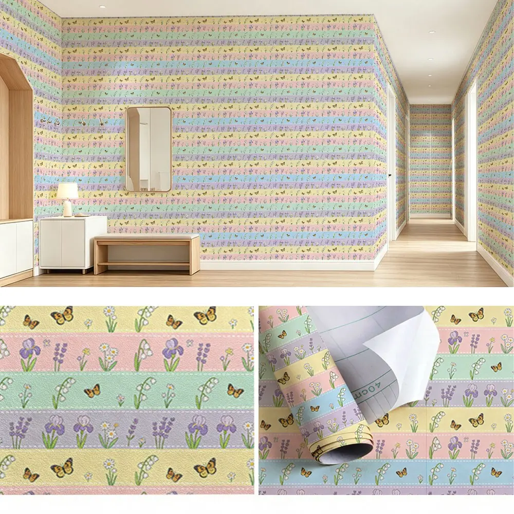 Macaron Stripe Floral Wallpaper, Lily of the Valley, Lavender, Iris, Daisy, Butterfly Pattern, PVC, Peel and Stick, Living Room Decor