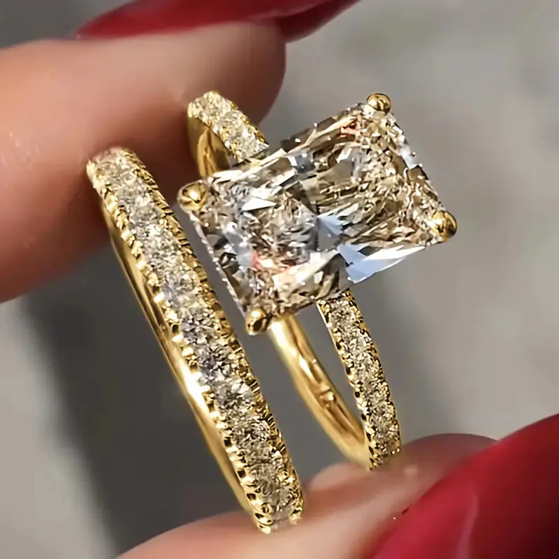 Radiant Cut Cubic Zirconia Wedding Set two-piece ring set solitaire stackable ring colored gemstones promise gift