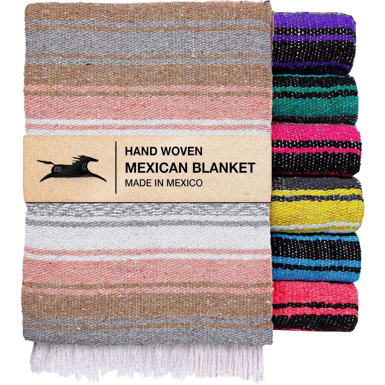 Mexican Yoga Blanket – Colorful Falsa Serape Throw for Yoga, Beach, Picnic, Saddle, or  Décor – Soft Woven Boho Blanket (Champagne)