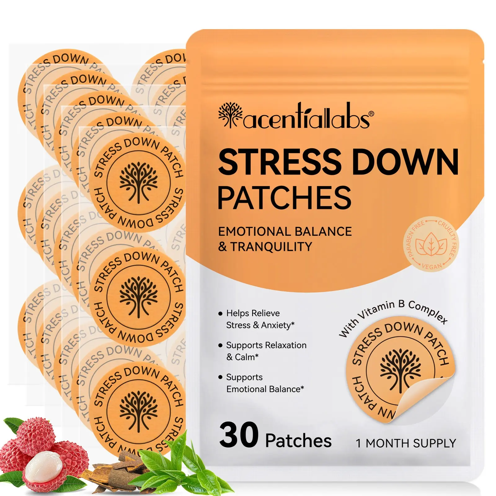 Acentiallabs Stress Relief Patches, Vitamin B Complex, Tea & Lychee Extracts, Relieves Anxiety, Waterproof, Easy to Use, 30pcs Bag