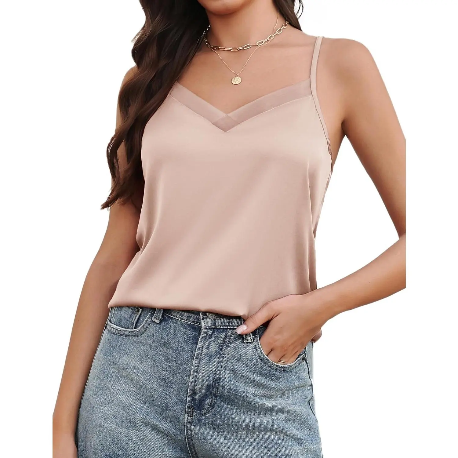 Women's Silk Satin V Neck Tank Top Camisole Soft Adjustable Spaghetti Strap Summer Basic Shirt(Gift)