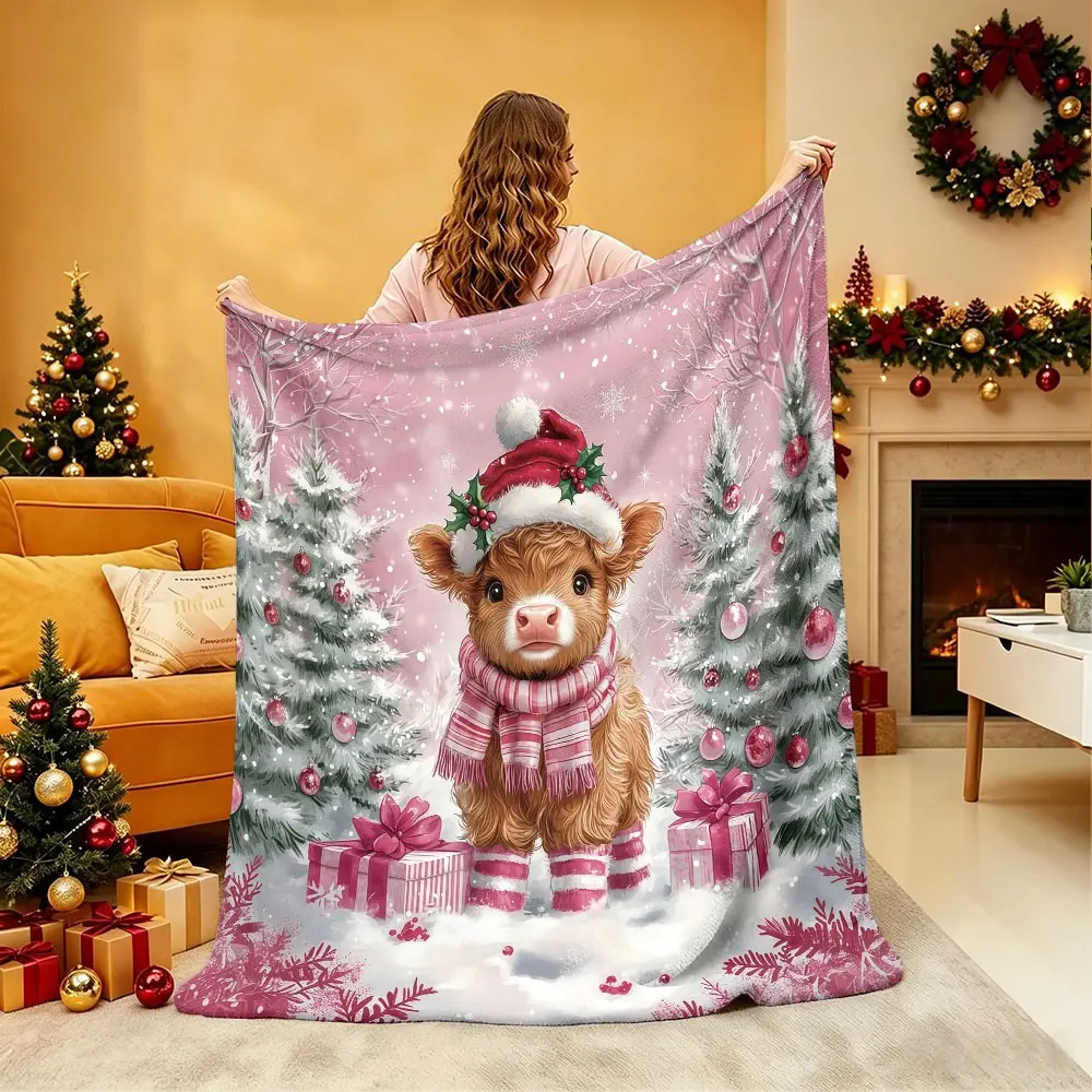 1 Pack Scarf Wearing Highland Cow Christmas Flannel Blanket, Soft Warm Throw for Couch, Car, Office, Camping X‑mas Gift