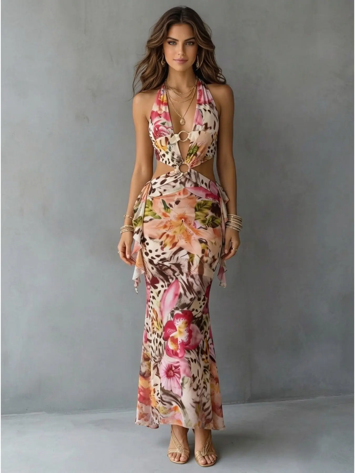 2026 New Women Leopard Floral Mixed Print Halter Neck Mermaid Dress, Hollow Cutout Design With Metal Ring Buckle, Slim Fit Long Mermaid Hem Elegant Dress For Holiday Night Party Wedding Guest Club Outfit, Regular Size