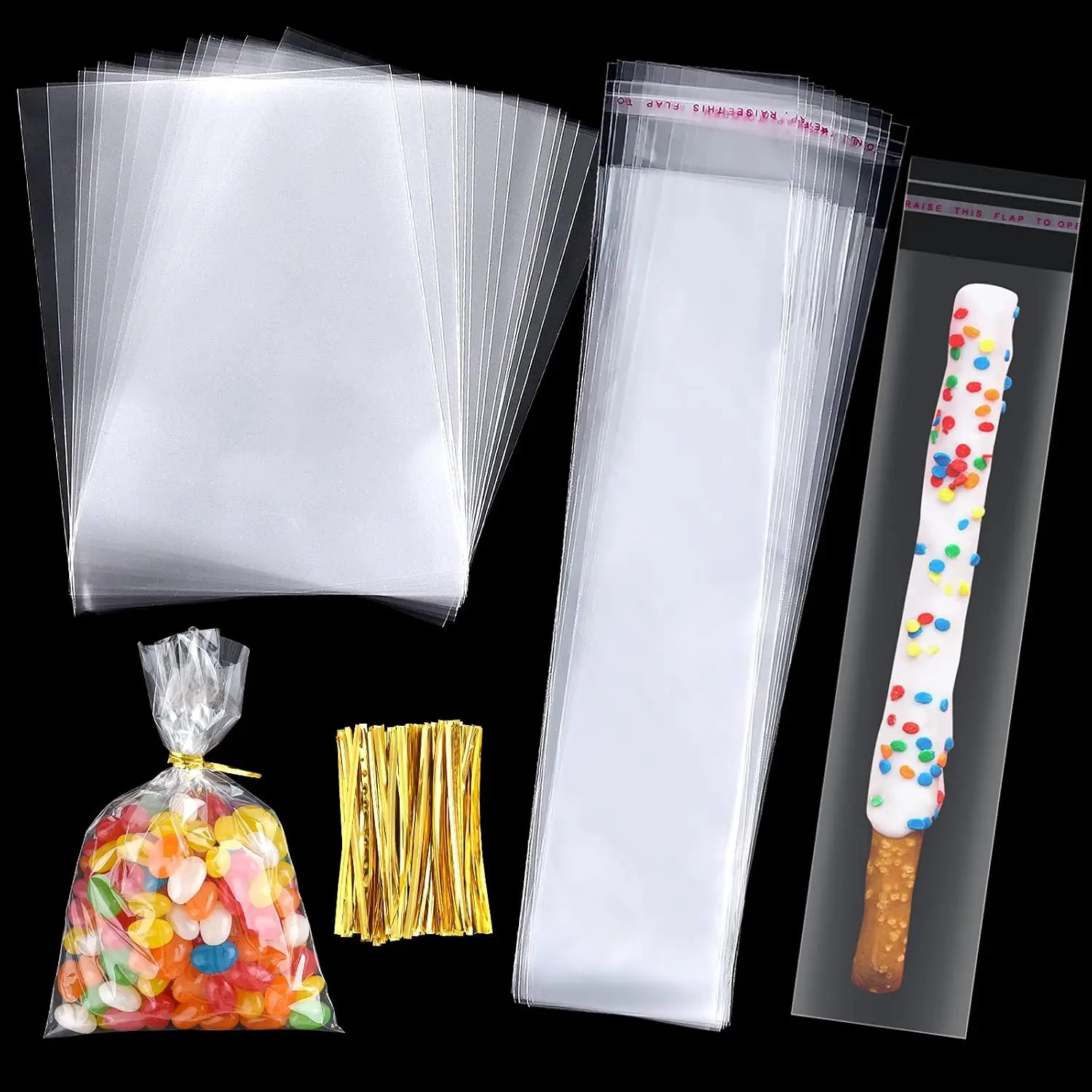 200 count Cellophane  Bags Set for Rice Krispies Pretzel Candies Dessert | 100 4*6in Cookie Bags with Ties and 100 Sealable Pretzel Rod Bag for Birthday and Party Decorations