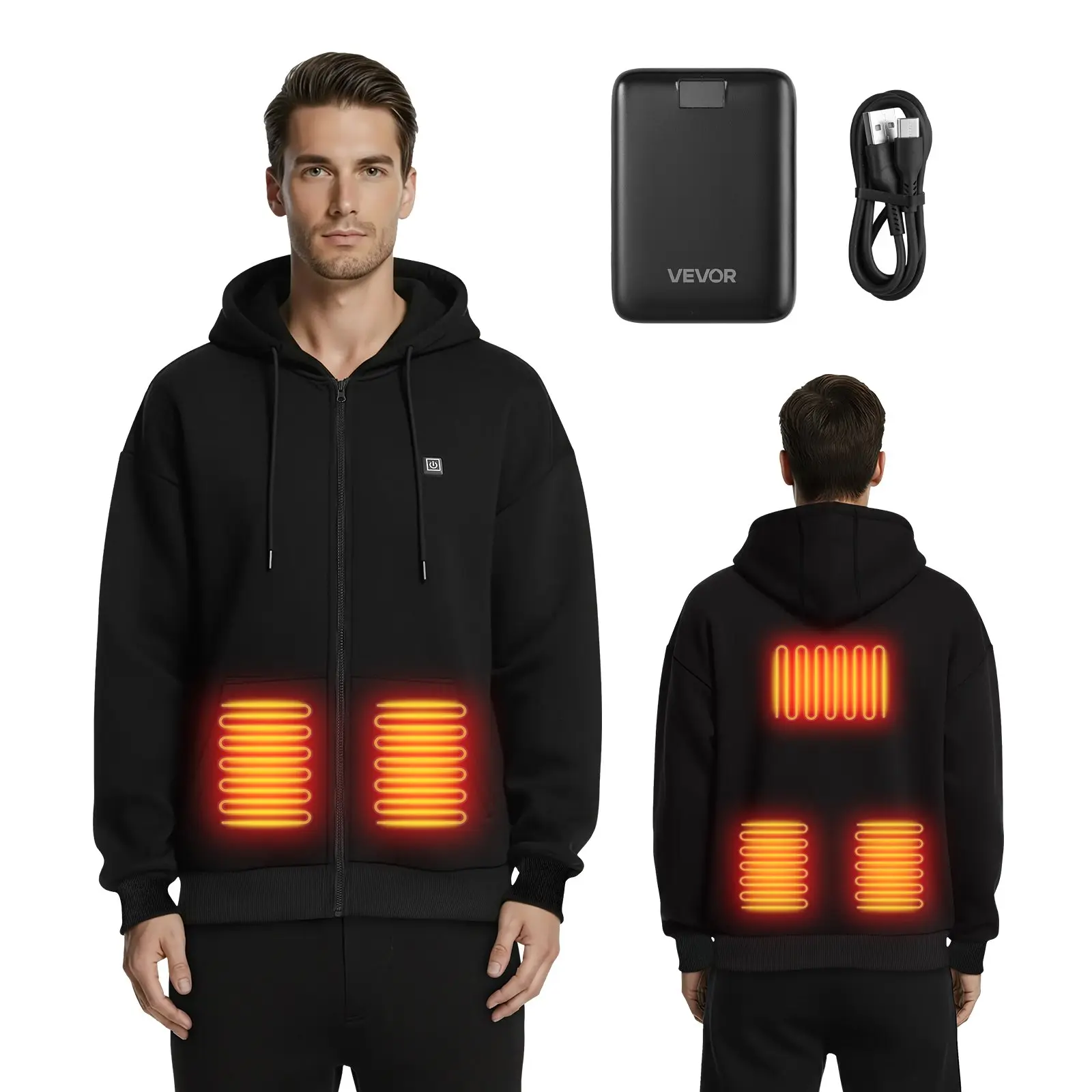 VEVOR Unisex Heated Fleece Jacket - Longsleeves Full Zip Tops, 7.4V 16000mAh Power Bank, 5 Heat Zones, 3 Temp Levels, 4-8H Warmth, Durable Fabric for Winter Outdoor Camping, Black, L, Machine Washable