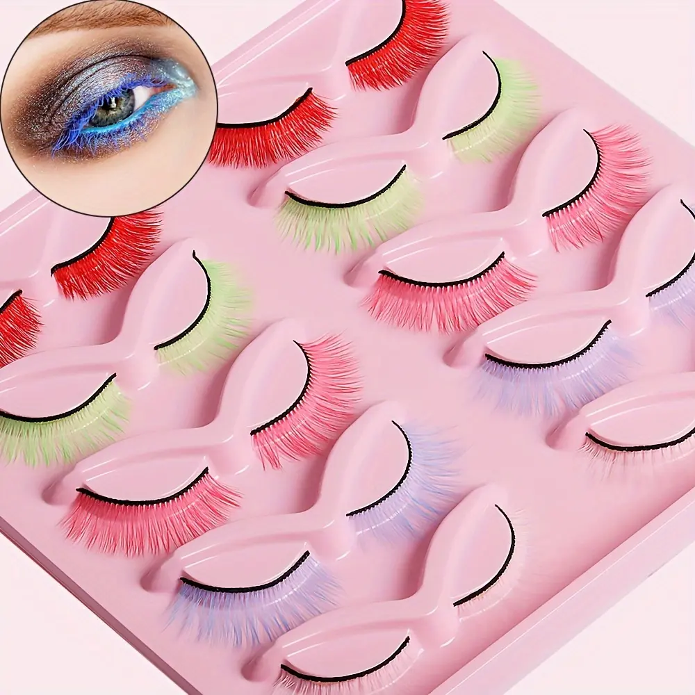 10 Pairs Colorful Cat Eye False Eyelashes, Natural Fluffy Lashes for Halloween, Thanksgiving, Christmas Cosplay Makeup Tools