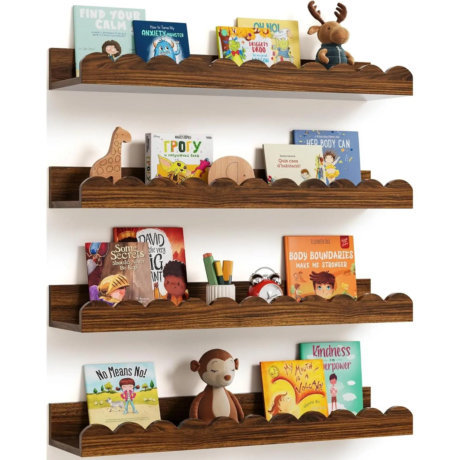 Scalloped Wall Bookshelves for Nursery, Floating Wooden Book Shelves for Kids Room, White Nursery Shelves for Wall, Baby & Toddler Room Decor
