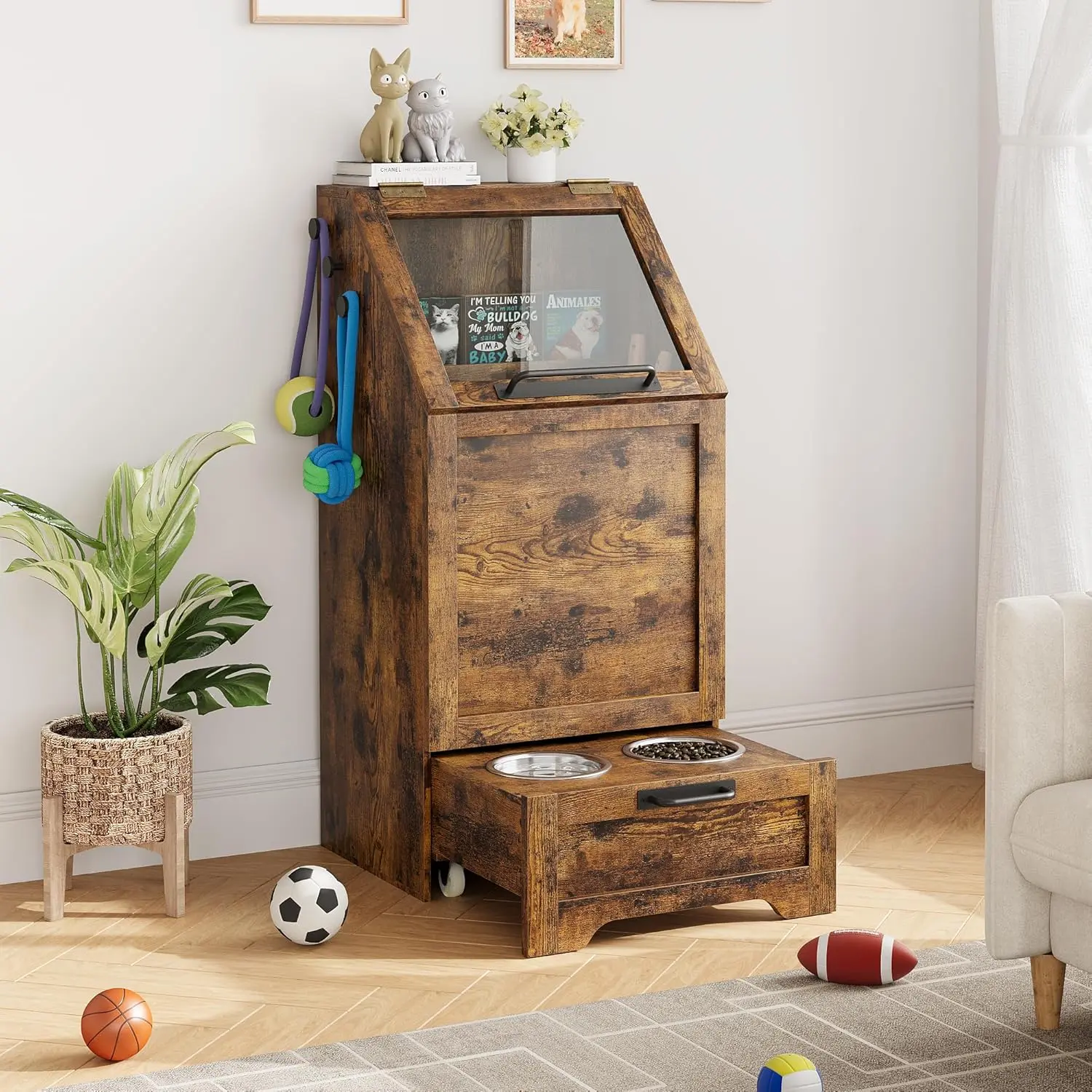 Dog Feeding Station with 2 Elevated Bowls, Dog Food Storage Cabinet, Flip Top Pet Feeding Station, Food Storage Container, Pet Toy Organizer, Brown